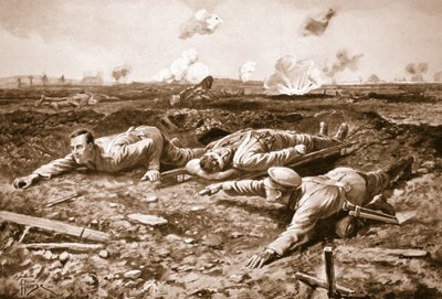 El cabo Brown y el cabo Dobson arrastrando a un hombre herido a través del campo abierto hacia las líneas británicas bajo fuego de Alfred Pearse